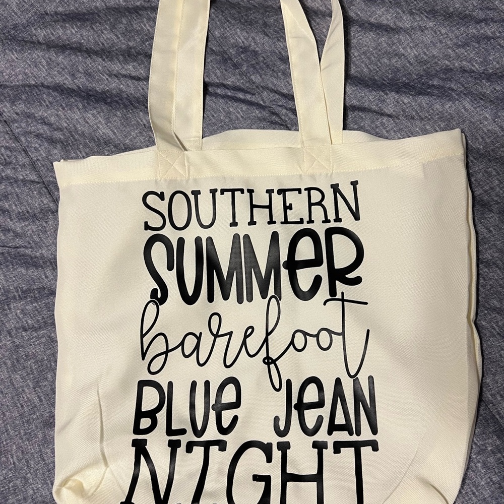 Cream Tote Bag with Black Text